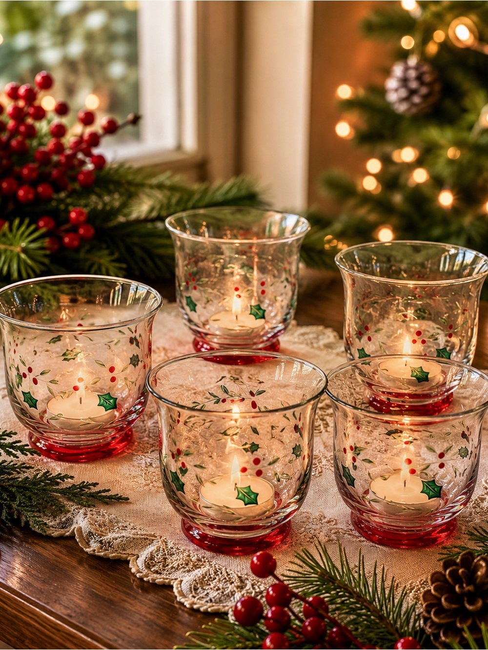 Vintage Pfaltzgraff Winterberry Glass Votive Candle Holders Set of 5